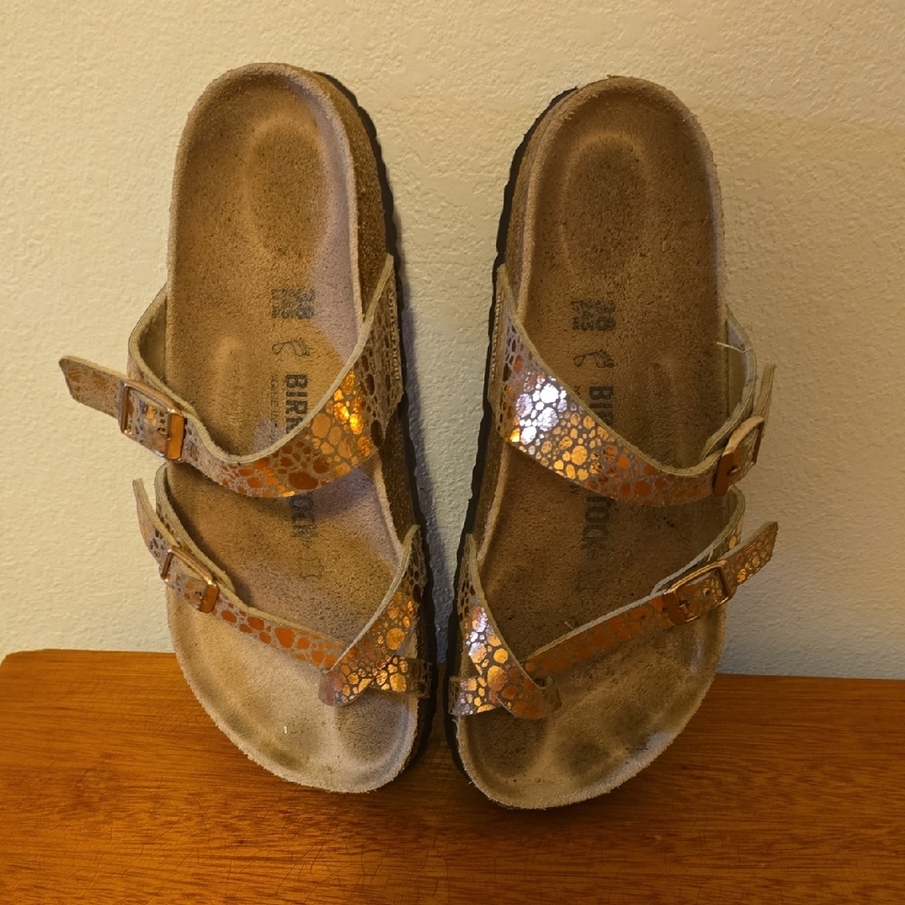 Womans 38 Birkenstock Rose Gold Sandals Two-Strap Cork Footbed